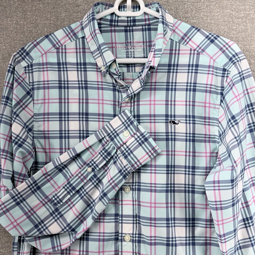 Vineyard Vines Performance Classic Fit Whale Shirt Men Size S Light Blue Plaid